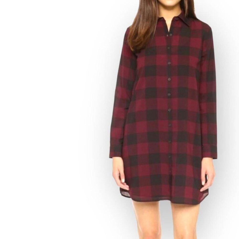 BB Dakota Kendrick plaid button down shirt dress, red burgundy maroon & black